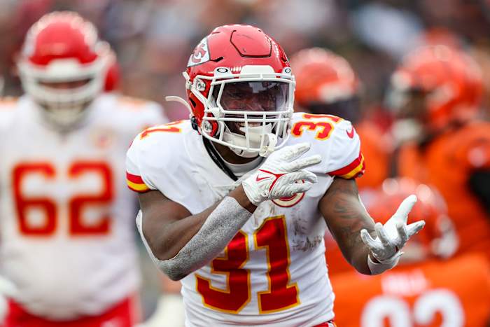 Jan 2, 2022; Cincinnati, Ohio, USA; Kansas City Chiefs running back Darrel Williams (31) reacts after scoring a touchdown against the Cincinnati Bengals in the first half at Paul Brown Stadium. Mandatory Credit: Katie Stratman-USA TODAY Sports
